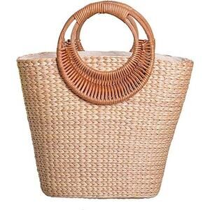 Natural Straw Tote Bag with Round Rattan Handles - Beige